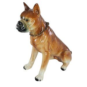 Vintage Ceramic Boxer Dog With Chain Collar Figurine 7 In *Repaired*